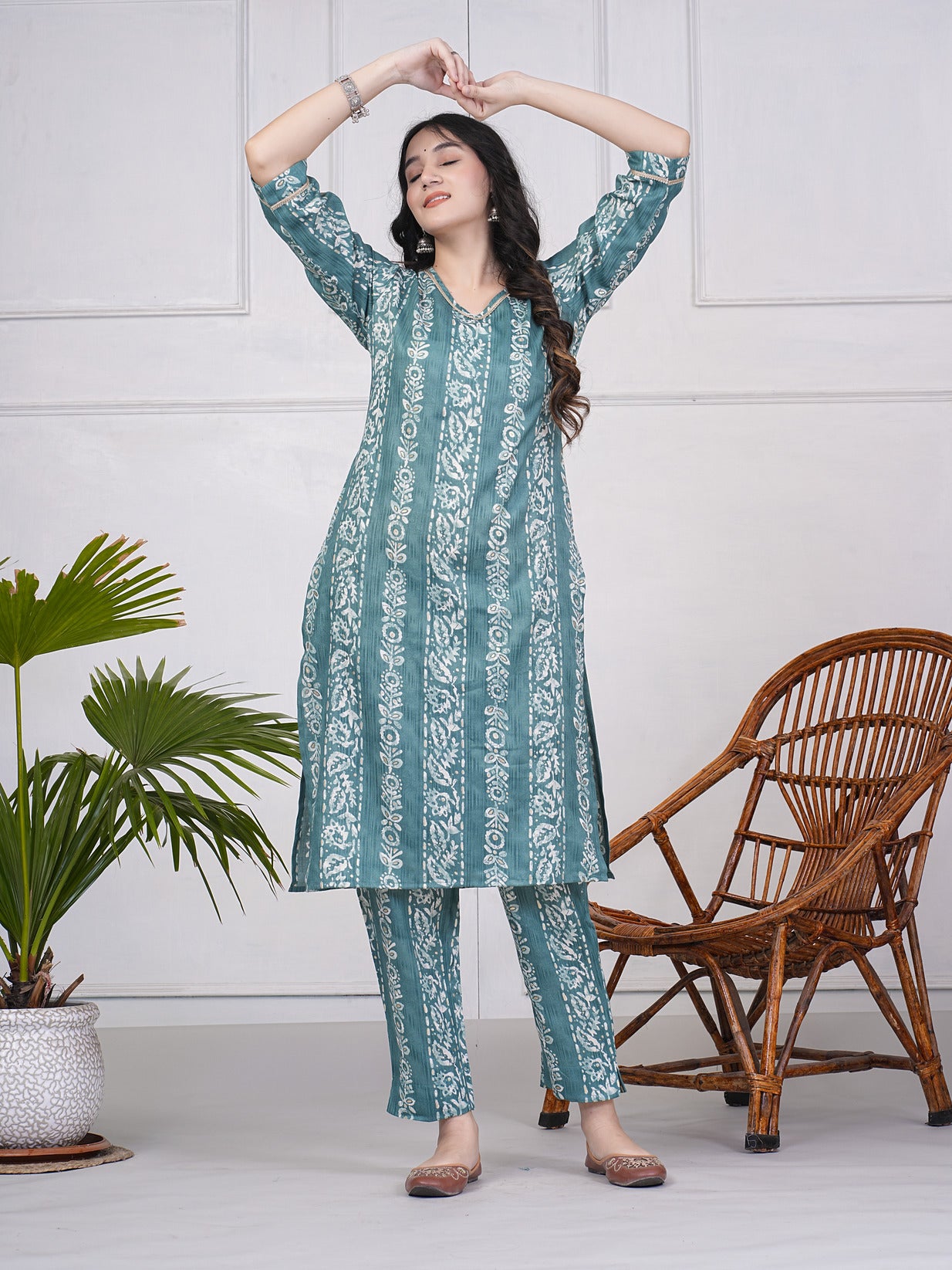 Green With Floral Printed Rayon Fabric Kurti Set