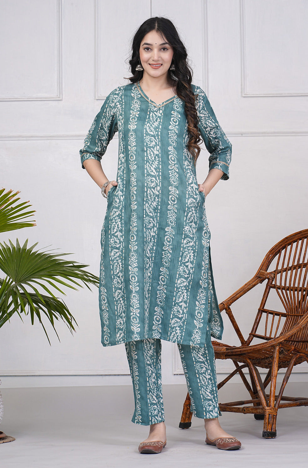 Green With Floral Printed Rayon Fabric Kurti Set