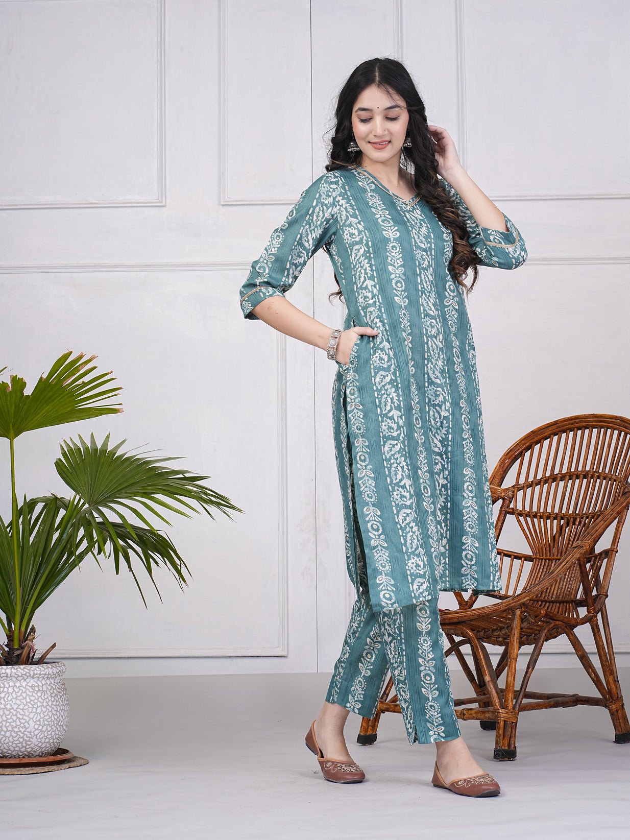 Green With Floral Printed Rayon Fabric Kurti Set