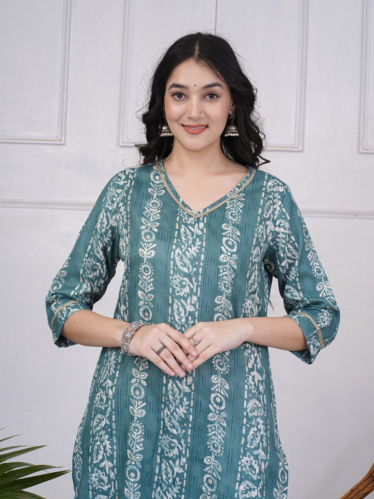 Green With Floral Printed Rayon Fabric Kurti Set