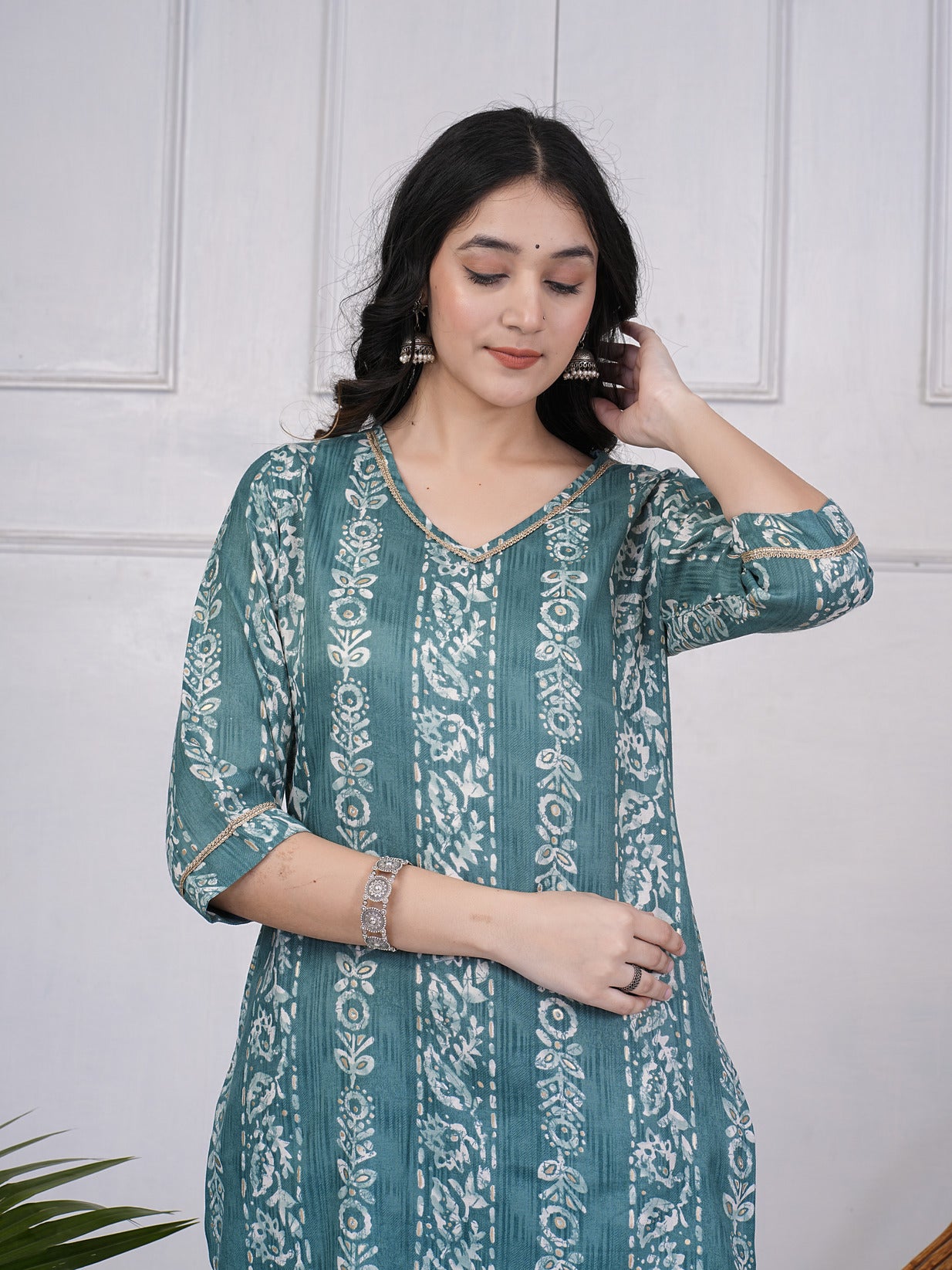 Green With Floral Printed Rayon Fabric Kurti Set