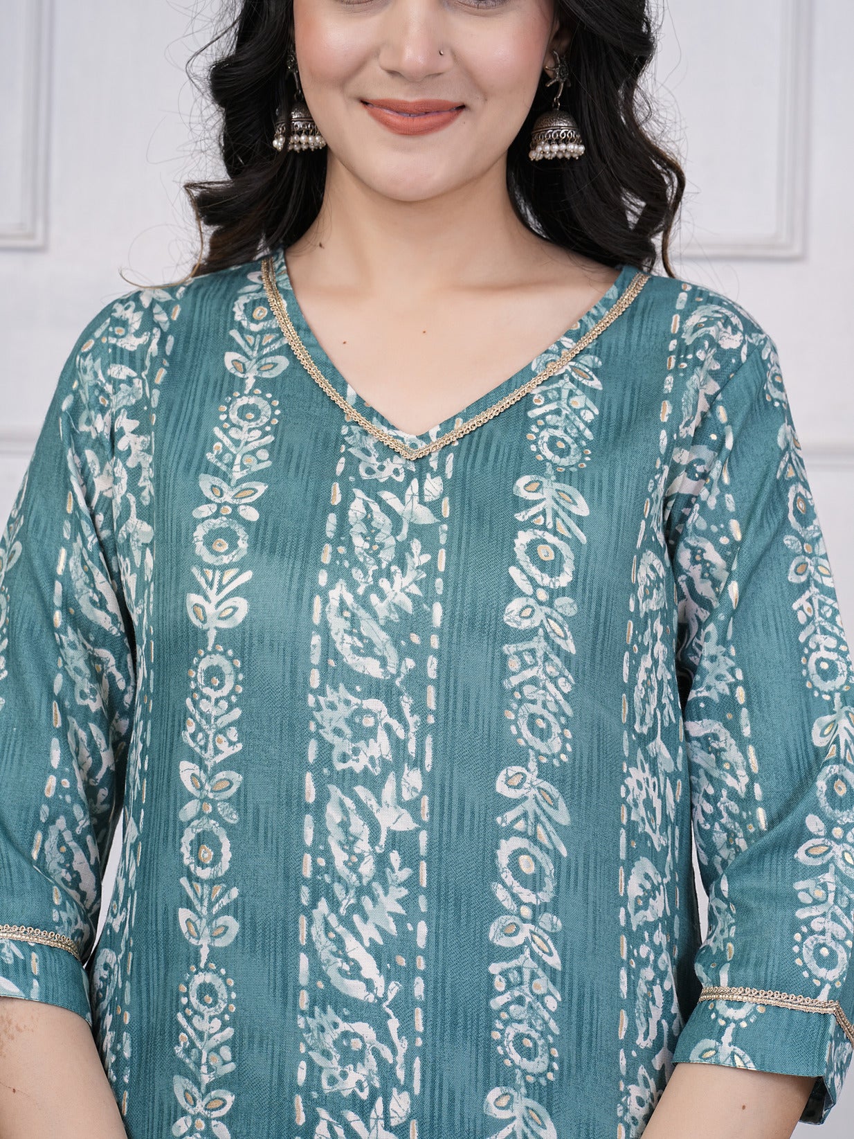 Green With Floral Printed Rayon Fabric Kurti Set