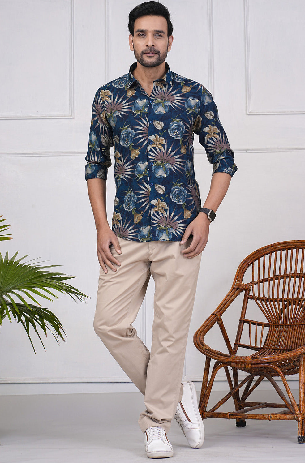 Mid Night-Blue With Gold Print Flower Regular Fit Maslin Men's Shirt