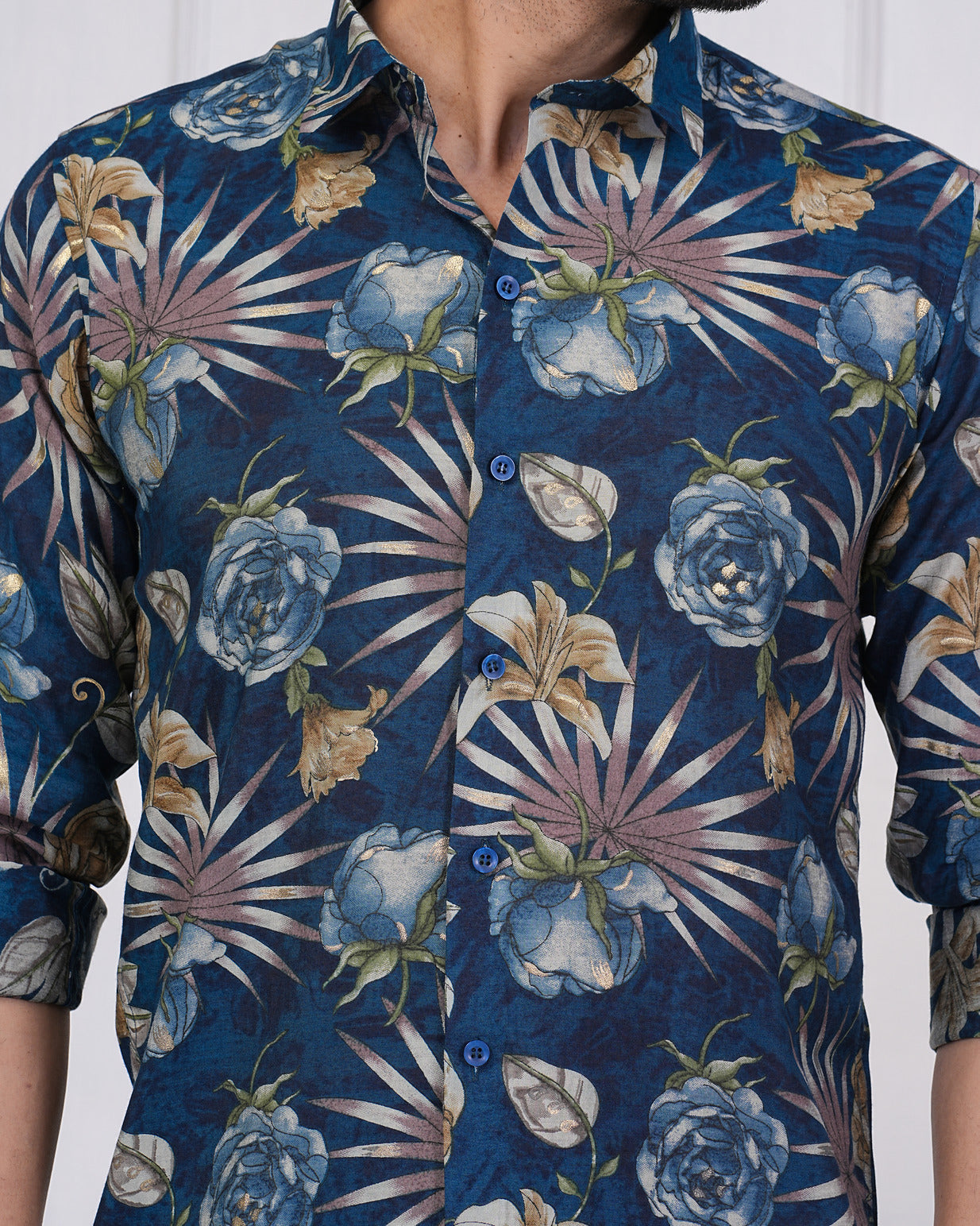 Mid Night-Blue With Gold Print Flower Regular Fit Maslin Men's Shirt