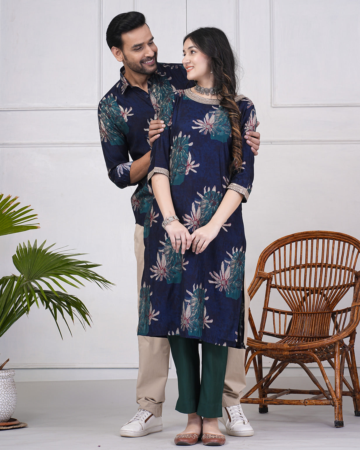 Mid-Night Blue With Gold Printed Floral Maslin Shirt And Kurti