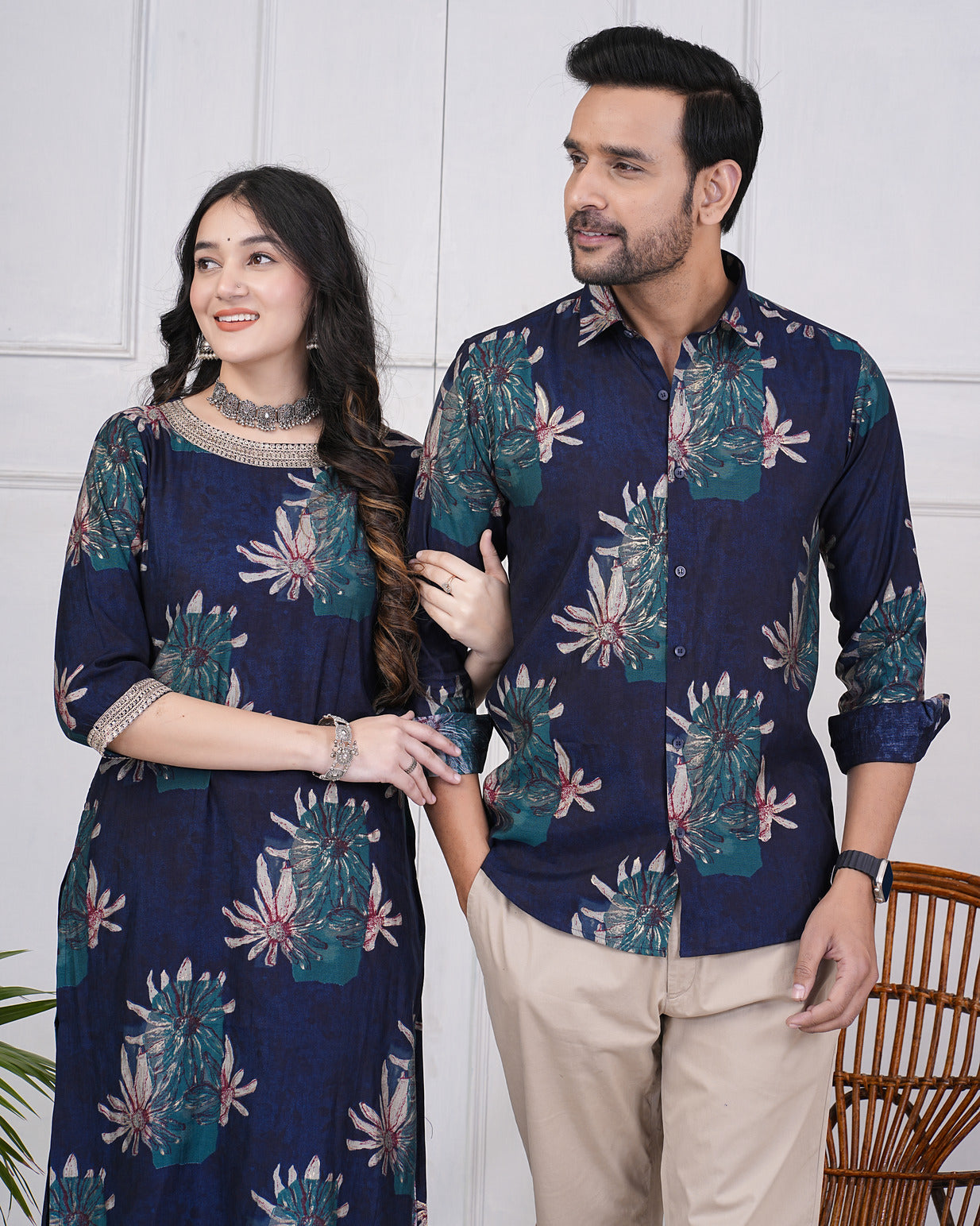 Mid-Night Blue With Gold Printed Floral Maslin Shirt And Kurti