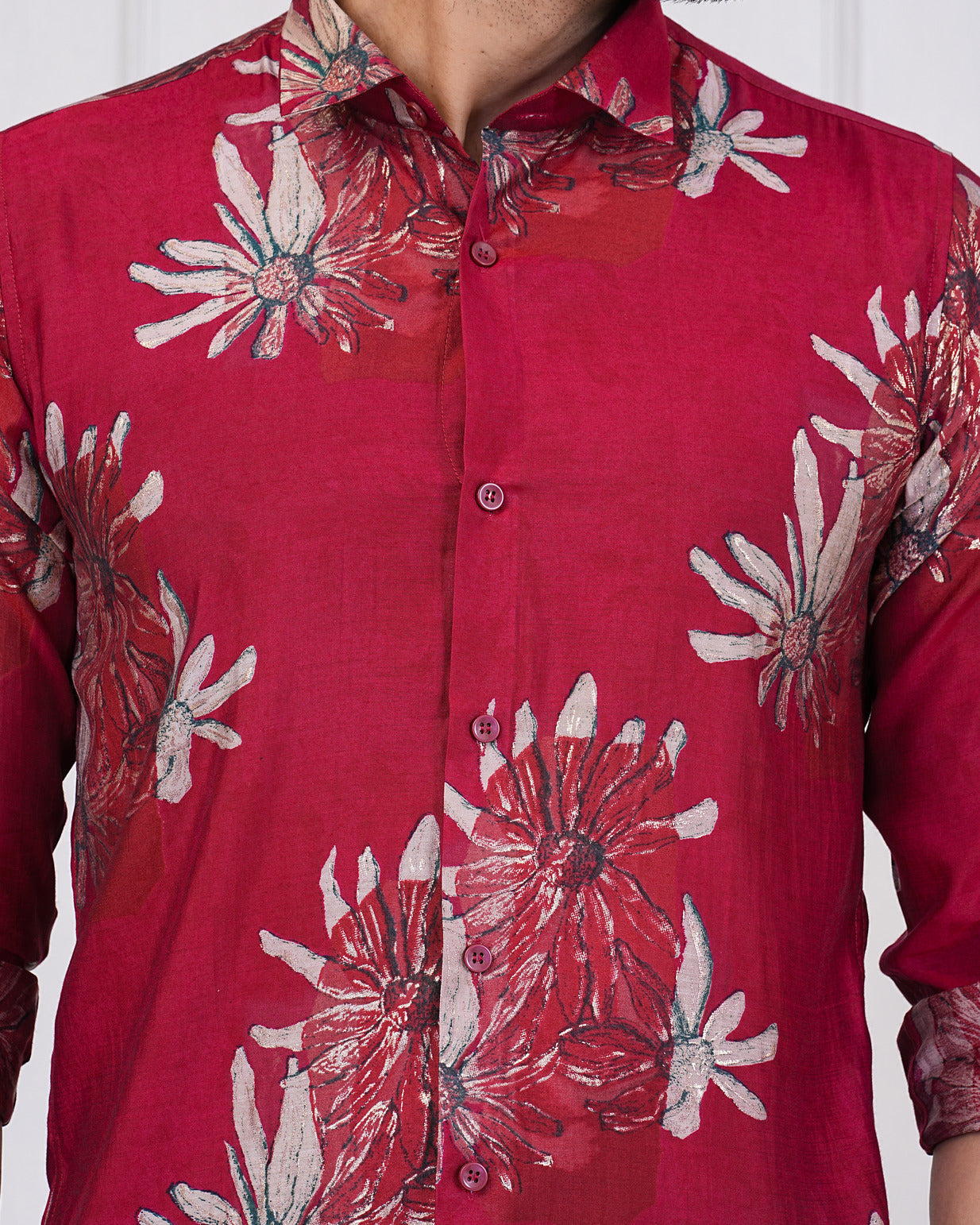 Red With Gold Print Flower Regular Fit Muslin Men's Shirt