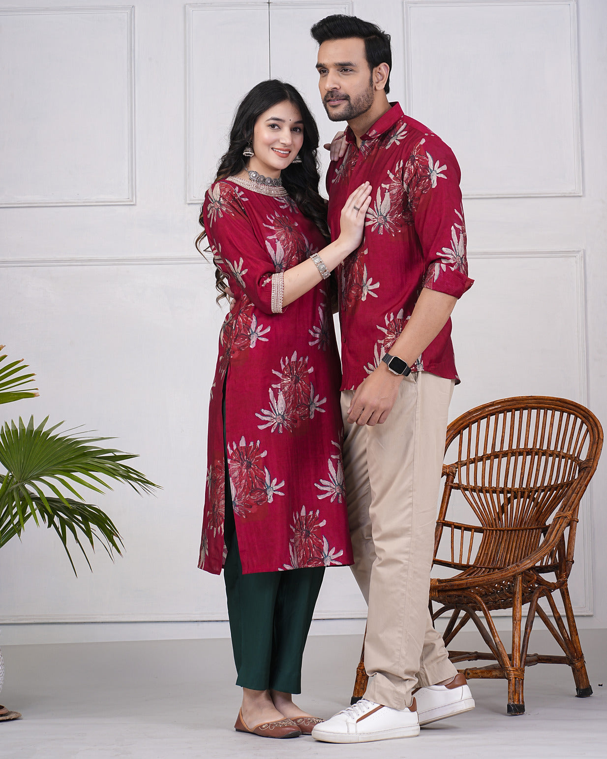 Cherry Red With Gold Printed Floral Maslin Shirt And Kurti