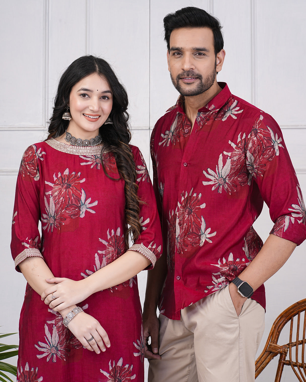 Cherry Red With Gold Printed Floral Muslin Kurti and Shirt