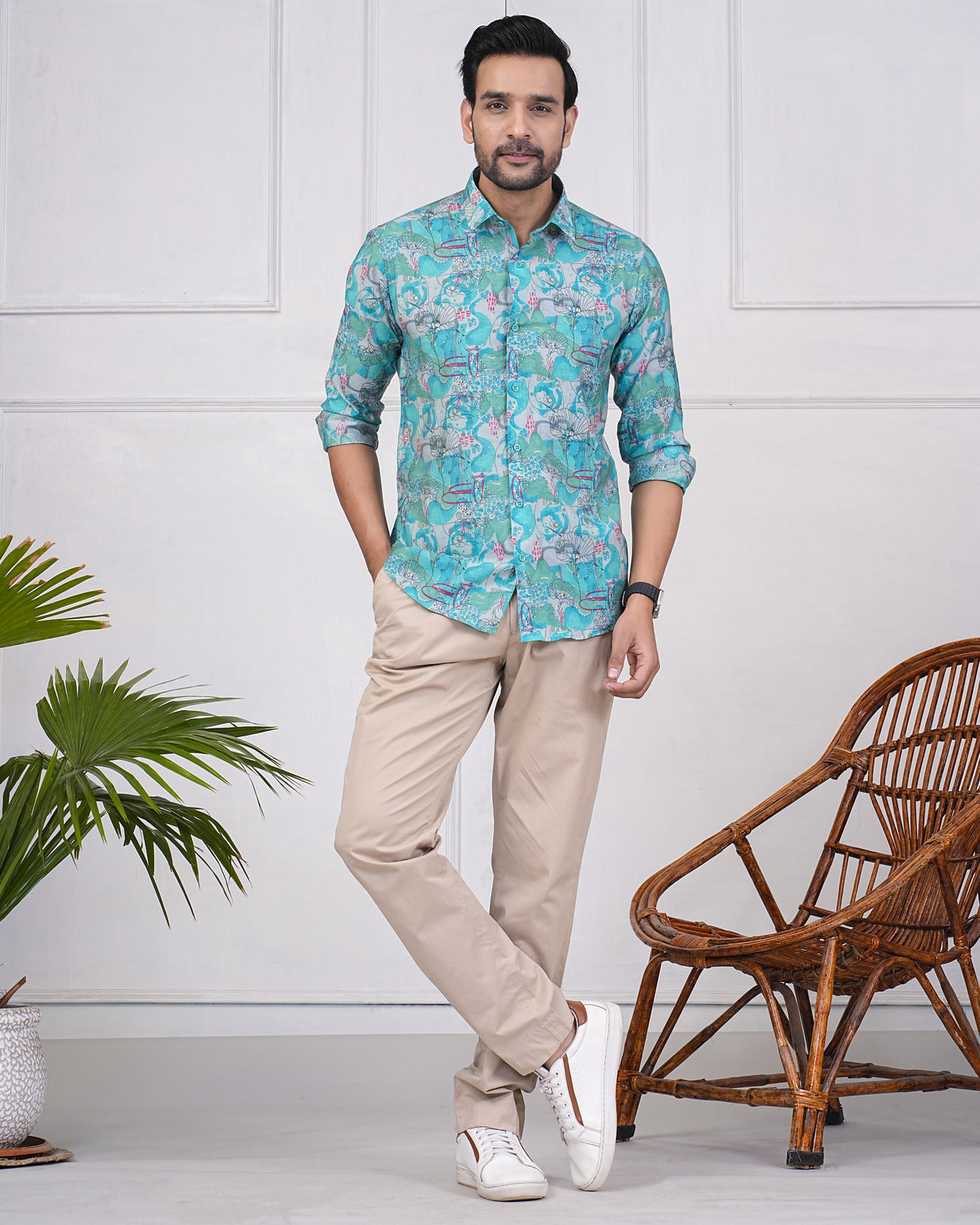 Turquoise Green With Gold Printed Floral Maslin Men's Shirt