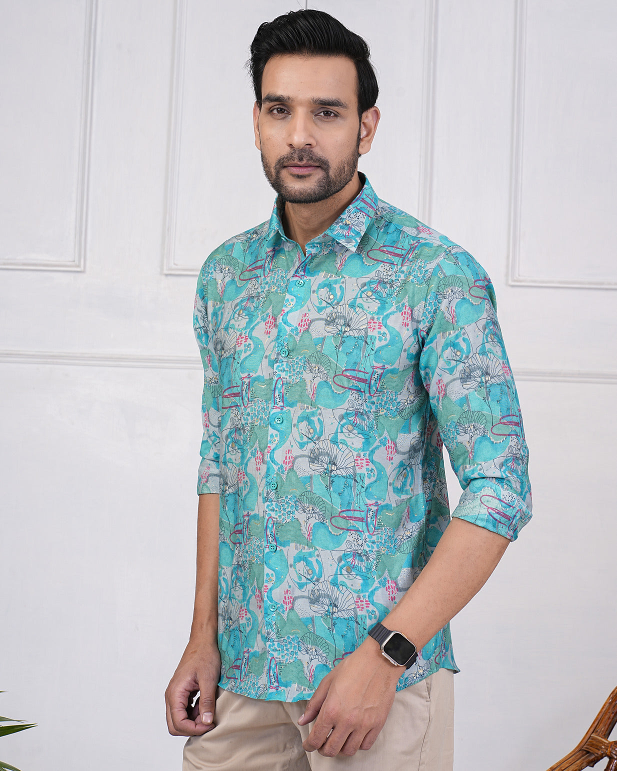 Turquoise Green With Gold Printed Floral Maslin Men's Shirt