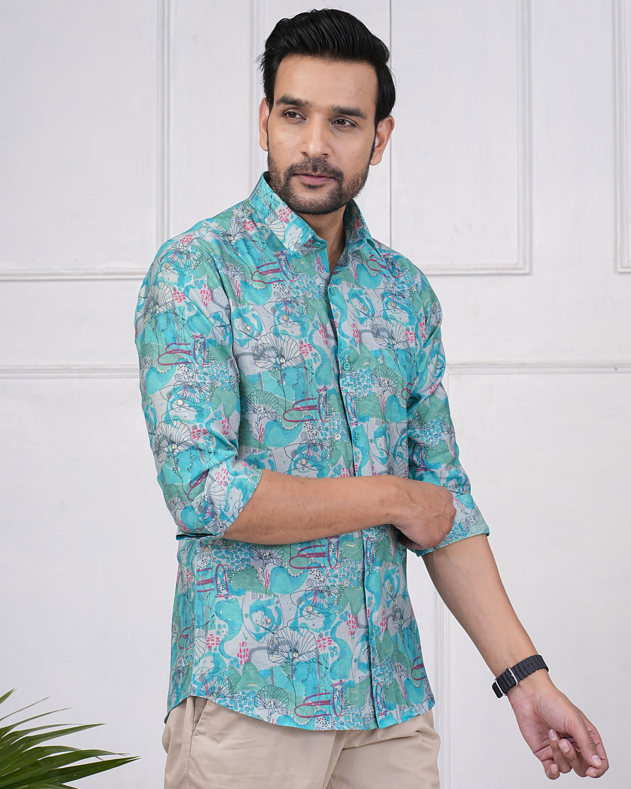 Turquoise Green With Gold Printed Floral Maslin Men's Shirt