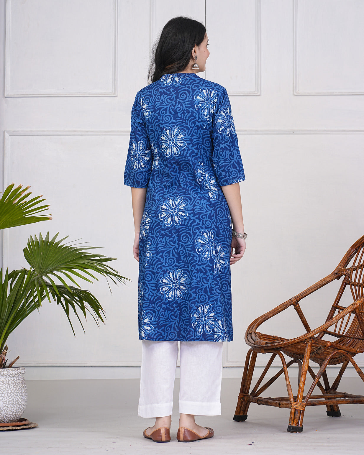 Navy Blue With Grey Floral Printed Cotton Kurti