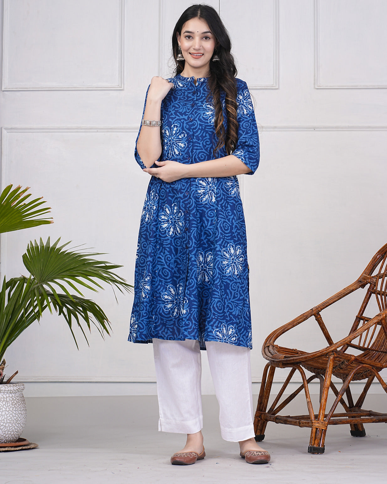 Navy Blue With Grey Floral Printed Cotton Kurti