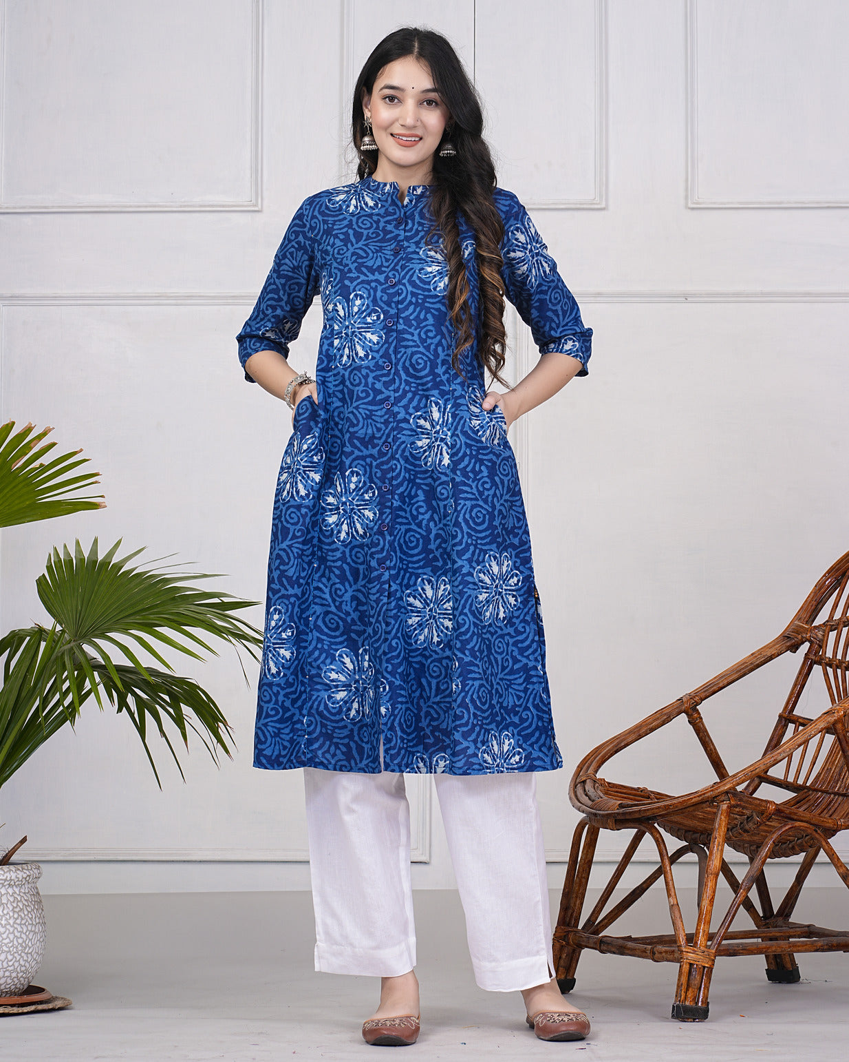 Navy Blue With Grey Floral Printed Cotton Kurti