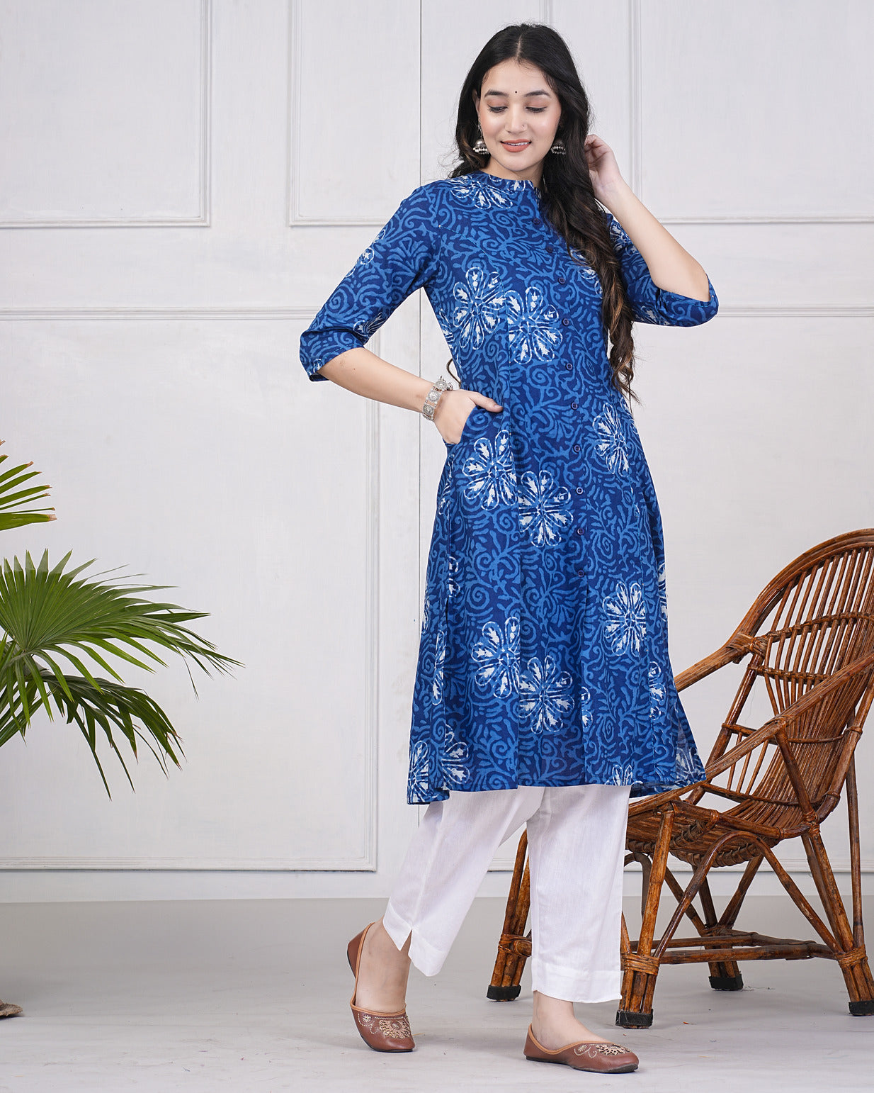 Navy Blue With Grey Floral Printed Cotton Kurti