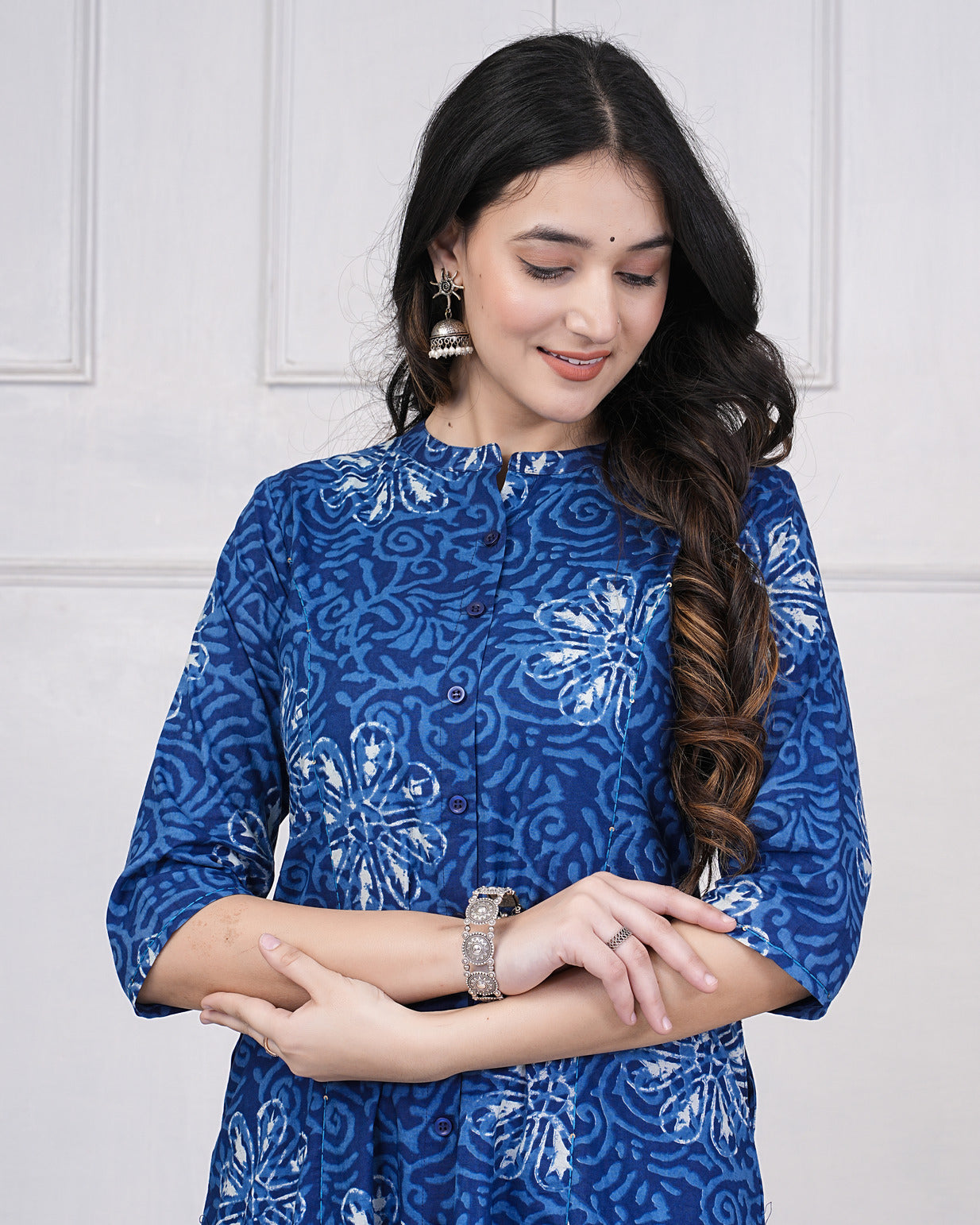 Navy Blue With Grey Floral Printed Cotton Kurti