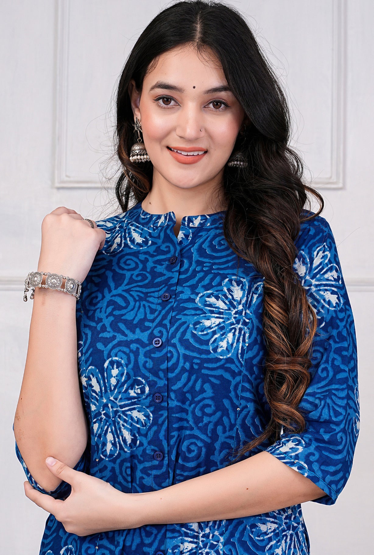 Navy Blue With Grey Floral Printed Cotton Kurti