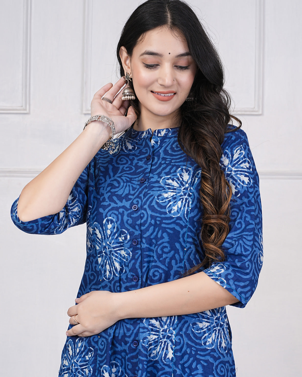 Navy Blue With Grey Floral Printed Cotton Kurti