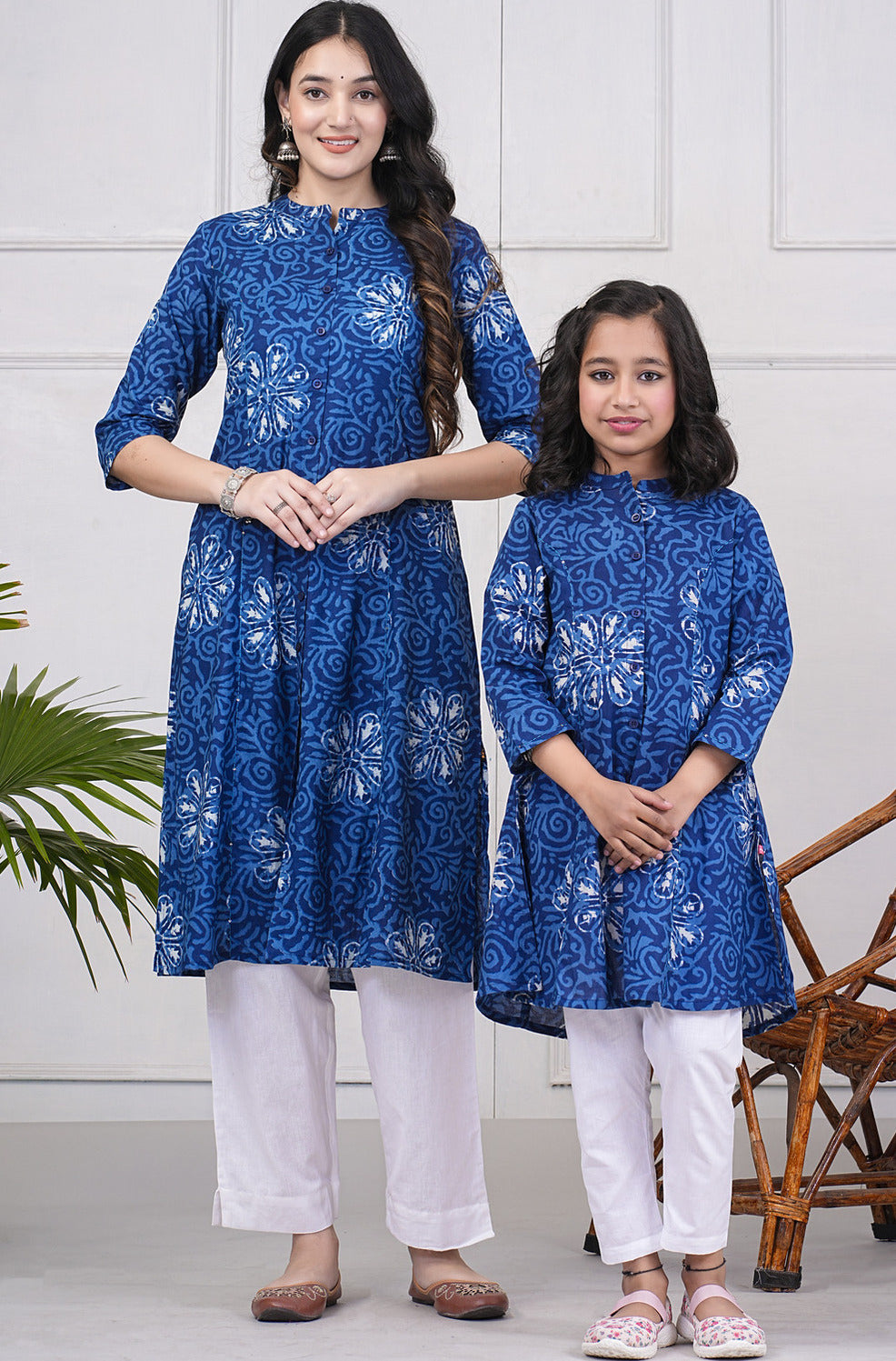 Navy Blue With Grey Floral Printed Cotton Kurti