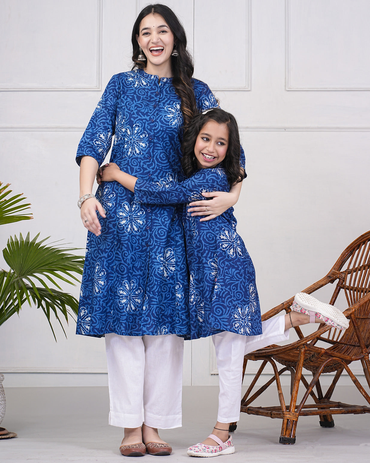 Navy Blue With Grey Floral Printed Cotton Kurti