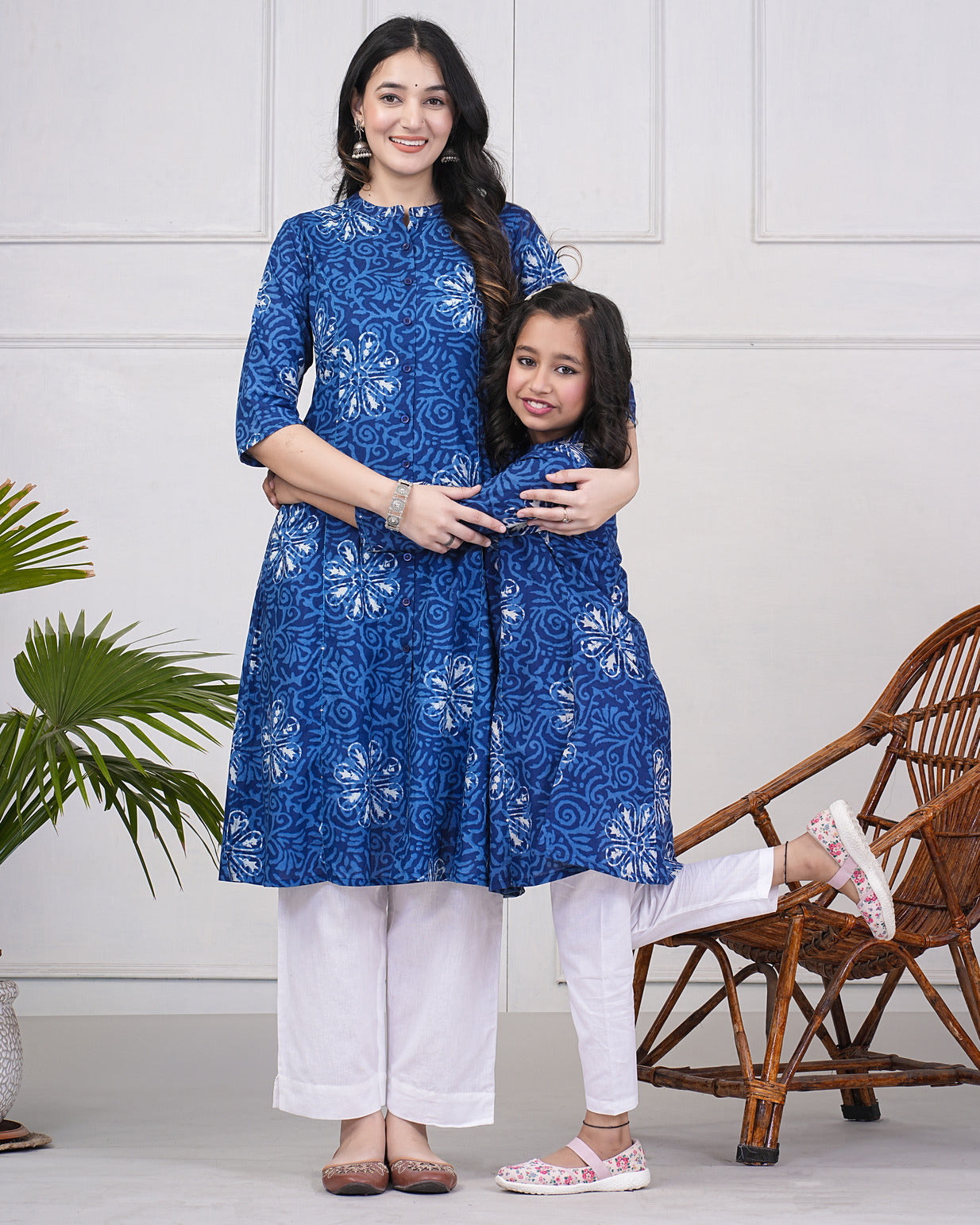 Navy Blue With Grey Floral Printed Cotton Kurti