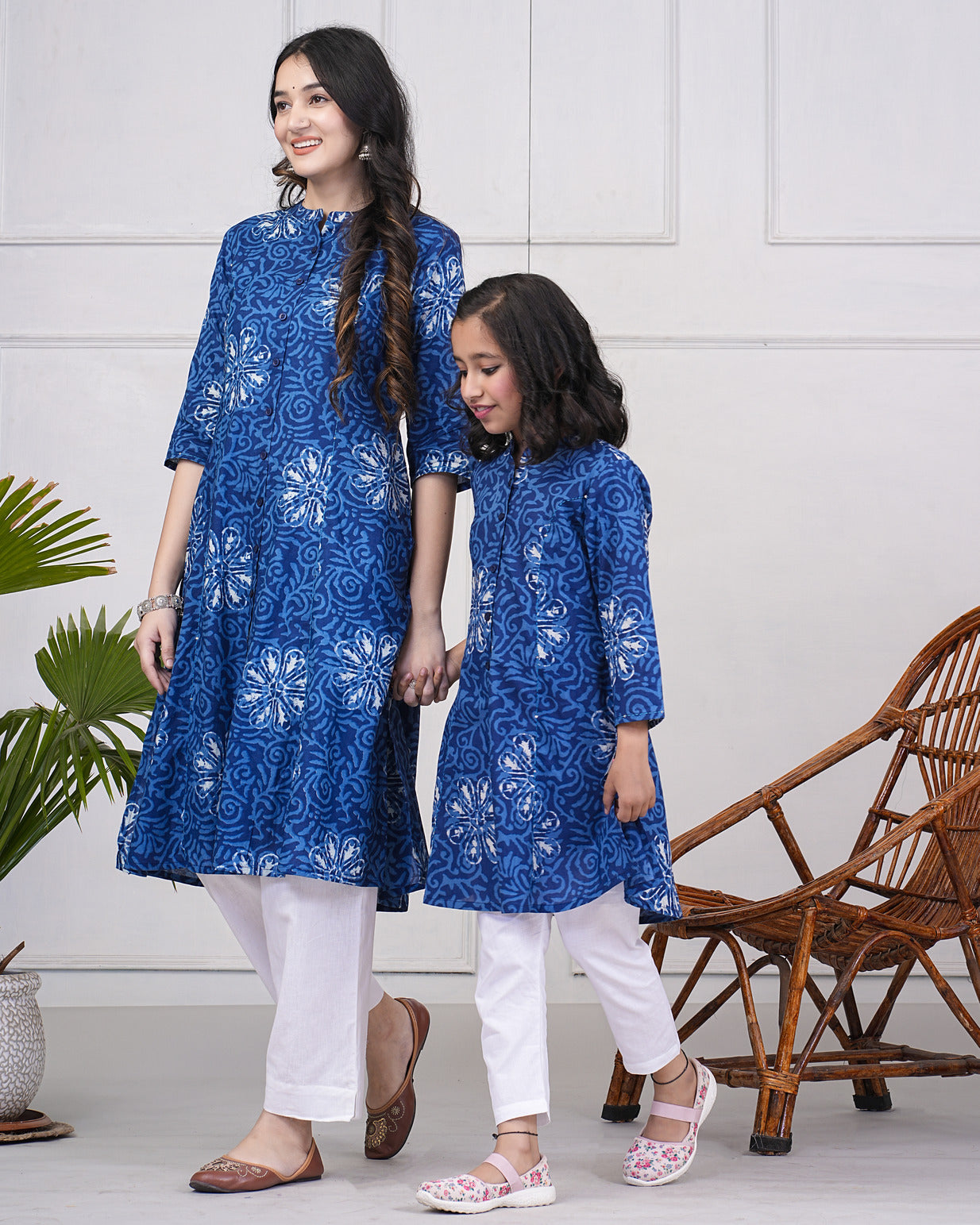 Navy Blue With Grey Floral Printed Cotton Kurti