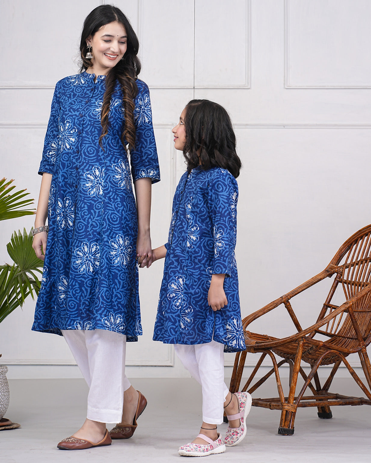 Navy Blue With Grey Floral Printed Cotton Kurti