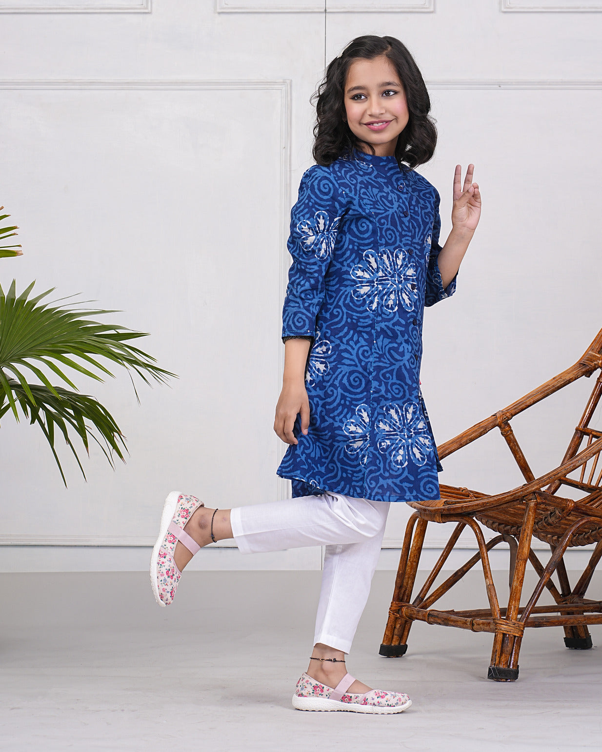 Navy Blue With Grey Floral Printed Cotton Kurti