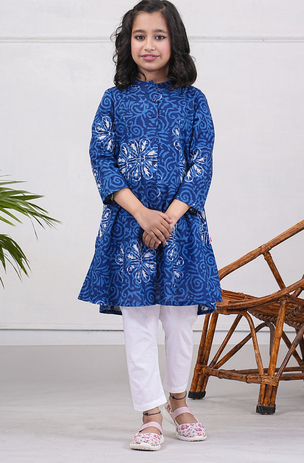 Navy Blue With Grey Floral Printed Cotton Kurti