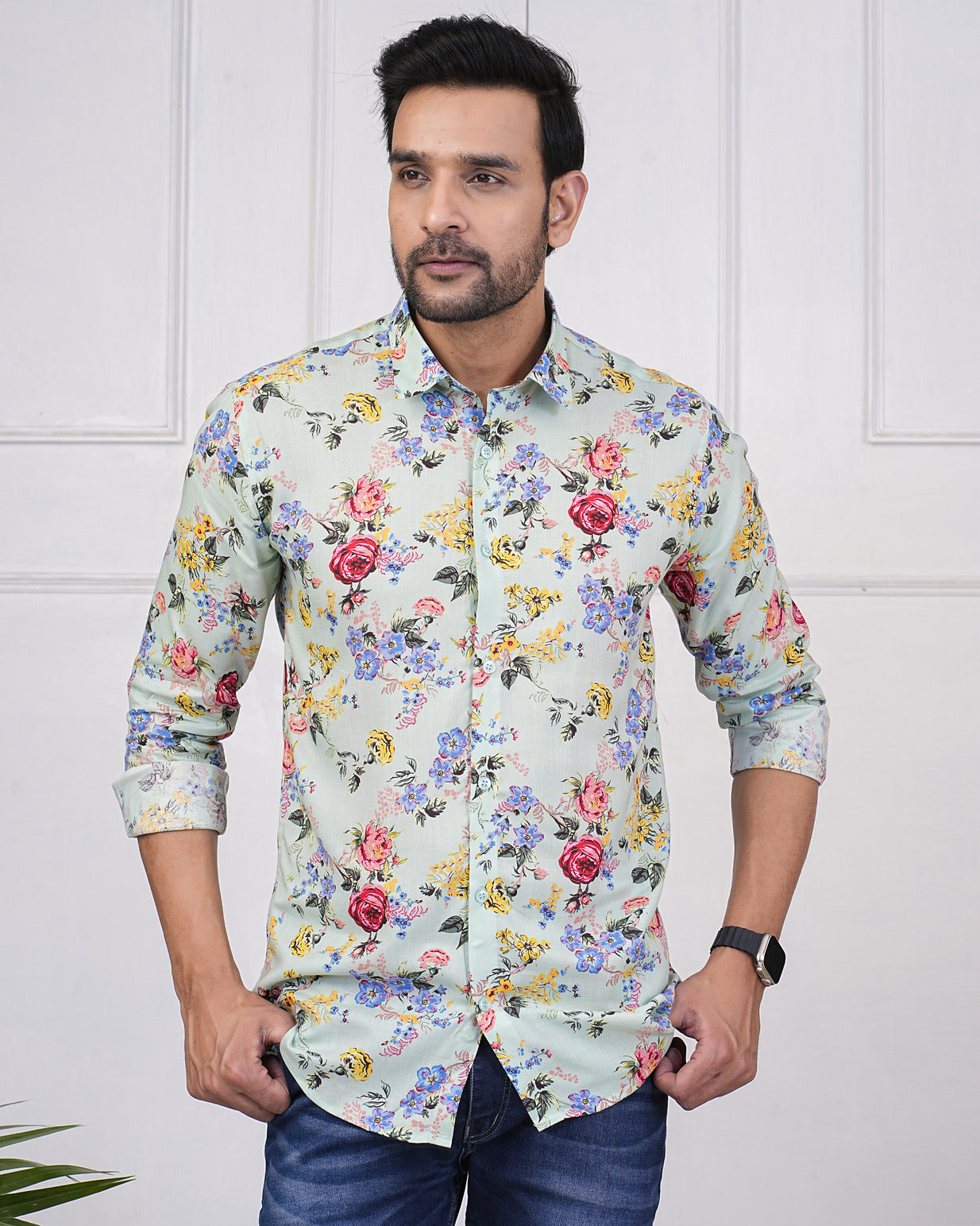 Pastel Green With Floral Print Regular Fit Rayon Shirt