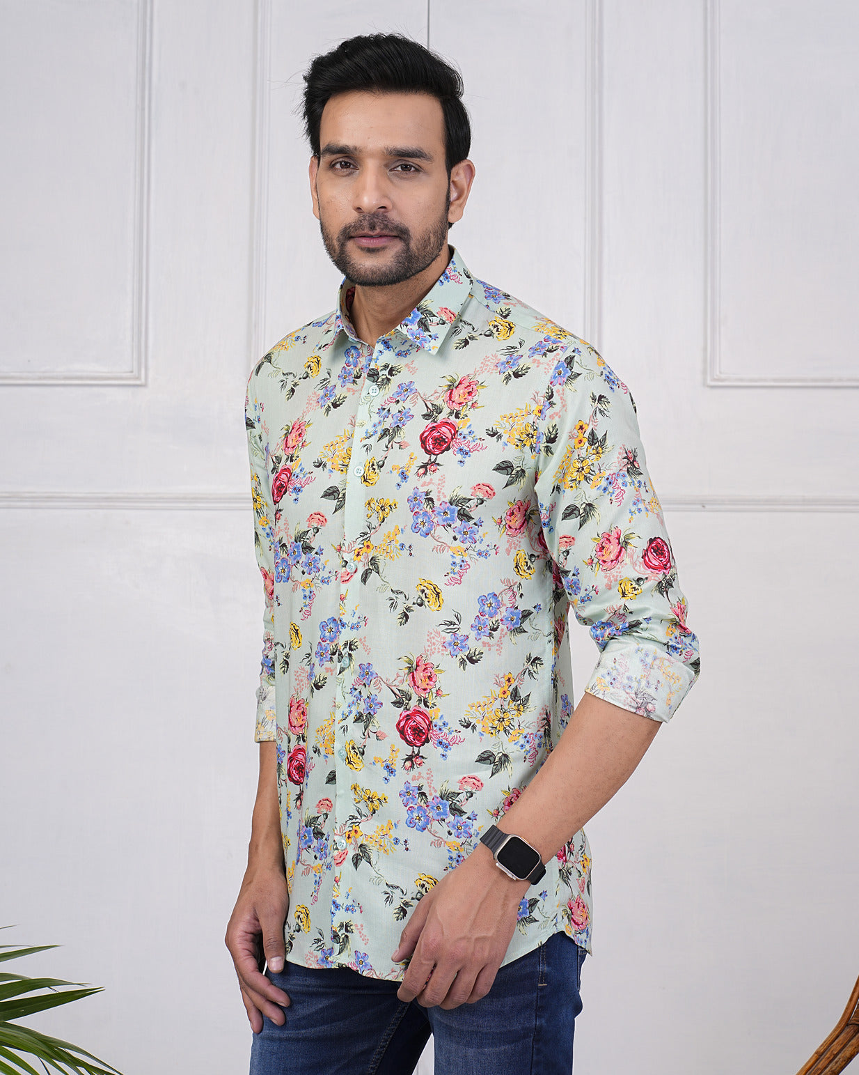 Pastel Green With Floral Print Regular Fit Rayon Shirt