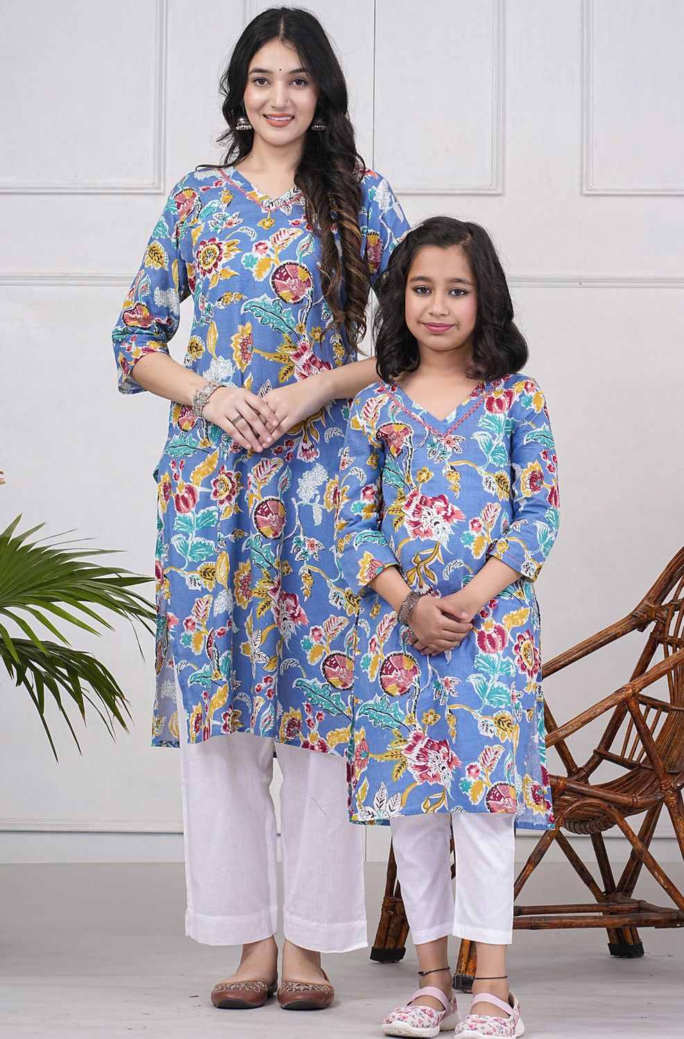 Blue Abstract Floral Print With Neck Embroidery Cotton Kurti Gatim