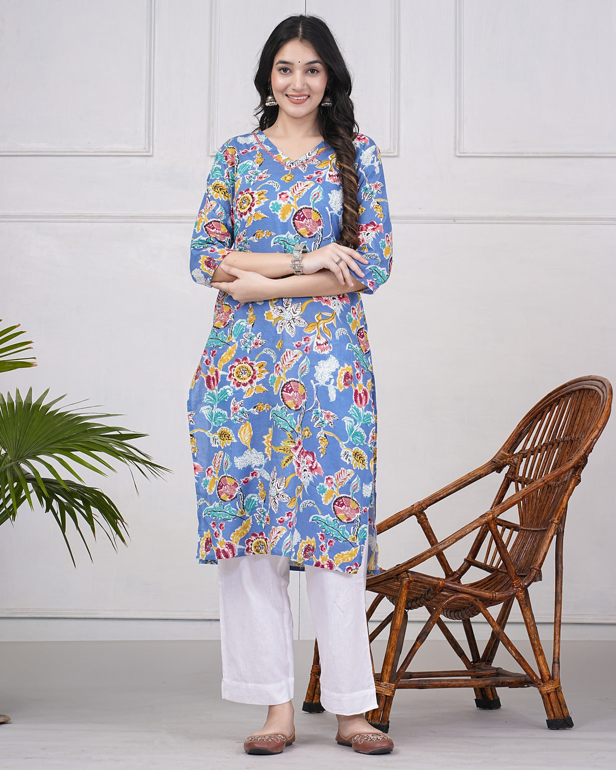 Blue Abstract Floral Print With Neck Embroidery Cotton Kurti