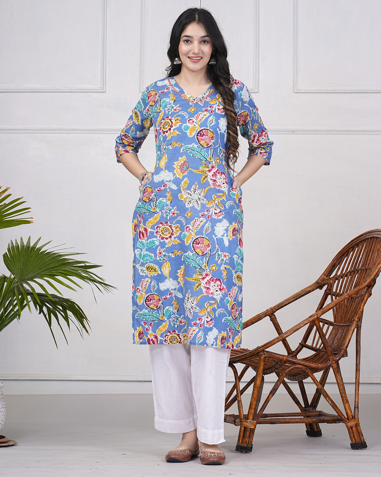 Blue Abstract Floral Print With Neck Embroidery Cotton Kurti