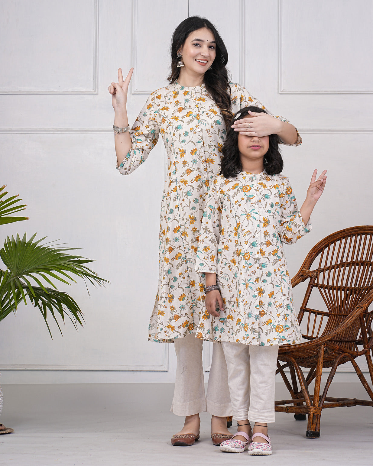 Off-White With Multicolor Floral Print Cotton Kurti