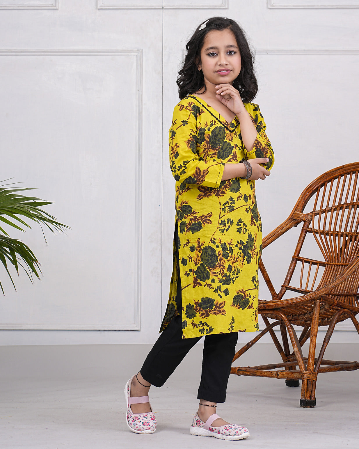 Parrot Green Abstract Floral Print With Neck Embroidery Cotton Kurti