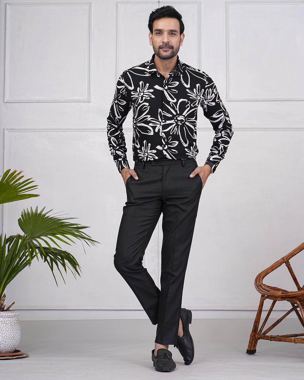 Black With White Rayon Fabric Regular Fit Men's Shirt