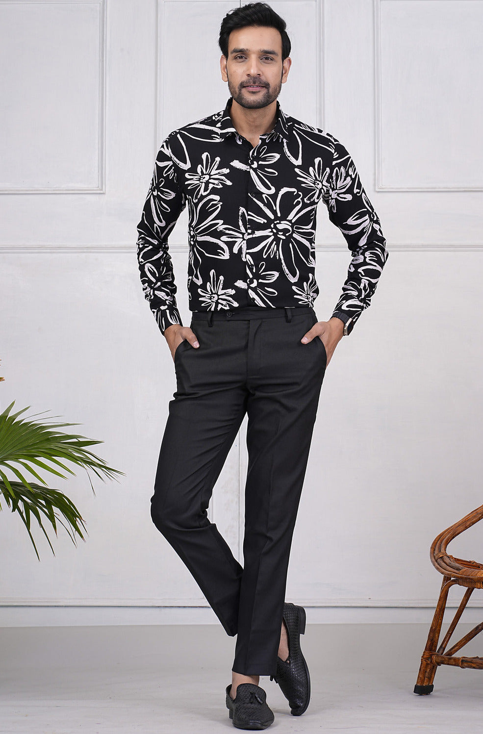 Black With White Rayon Fabric Regular Fit Men's Shirt