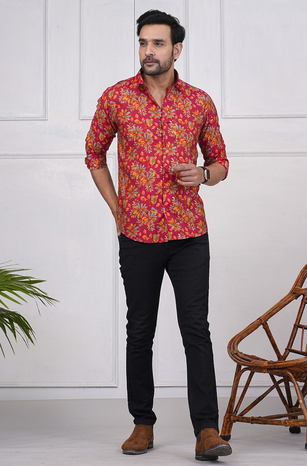 Dark Pink With Gold Print Flower Regular Fit Maslin Men's Shirt