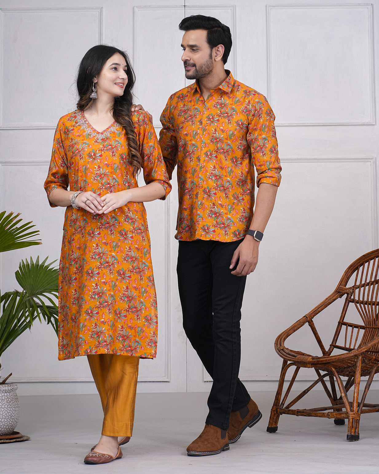 Turmeric With Gold Printed Floral Maslin Shirt and Kurti