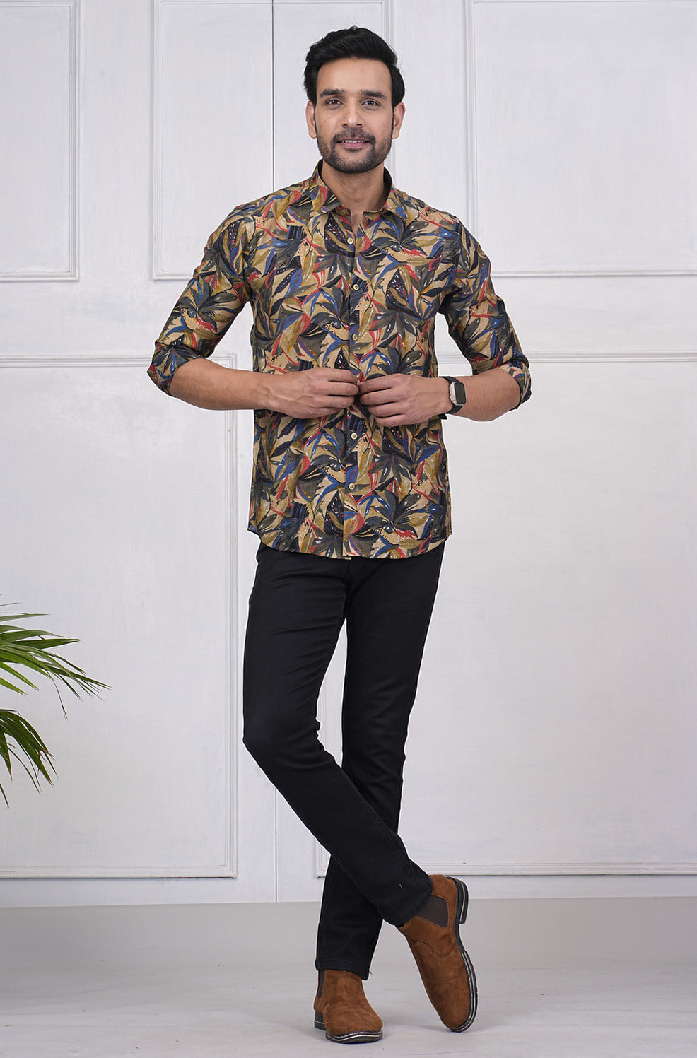 Olive Green With Gold Print Regular Fit Maslin Men's Shirt