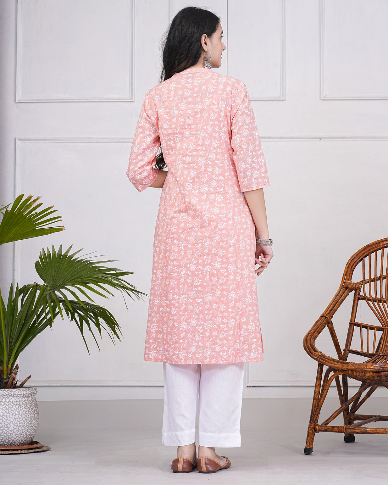 Light Pink With White Floral Printed Cotton Kurti