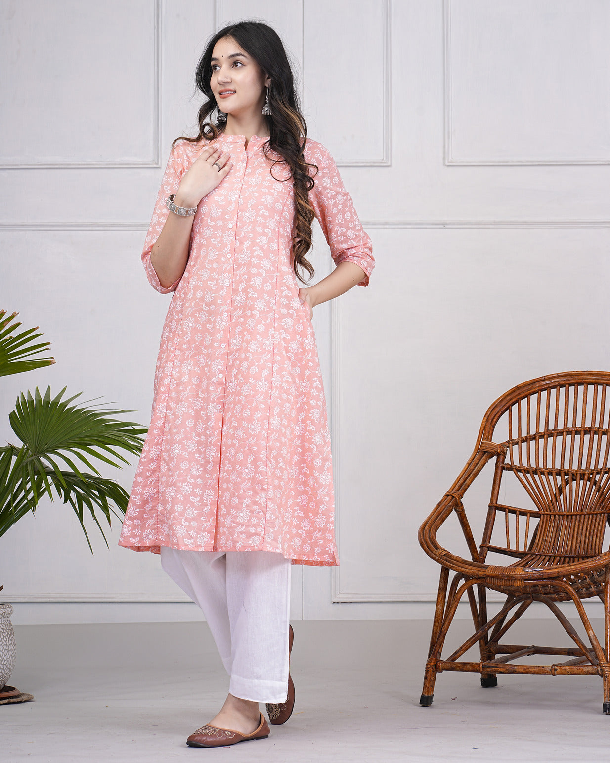 Light Pink With White Floral Printed Cotton Kurti