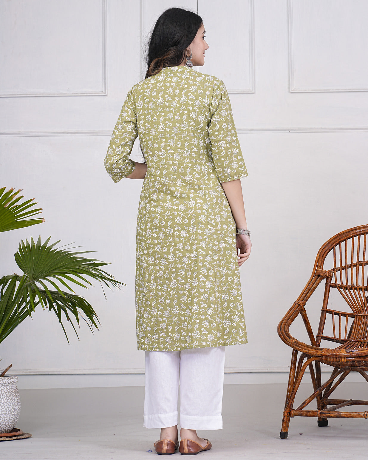 Light Green With White Floral Printed Cotton Kurti