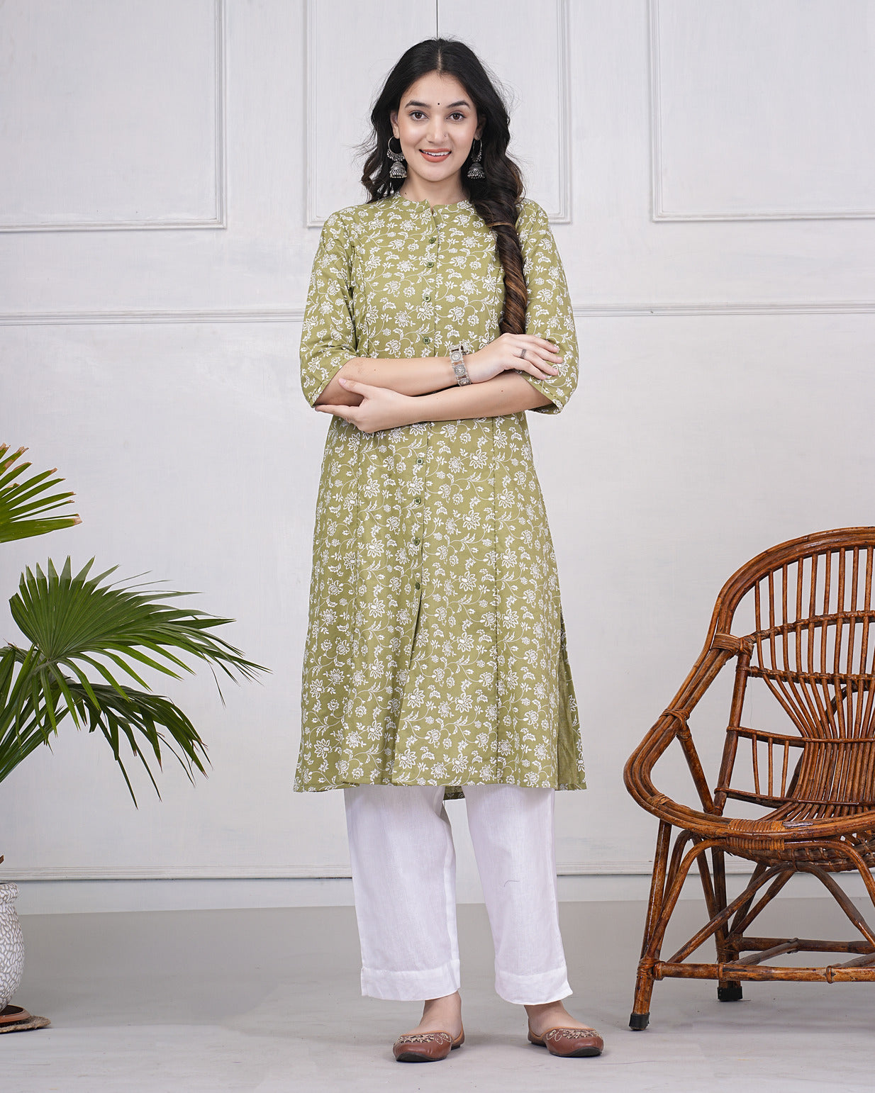 Light Green With White Floral Printed Cotton Kurti