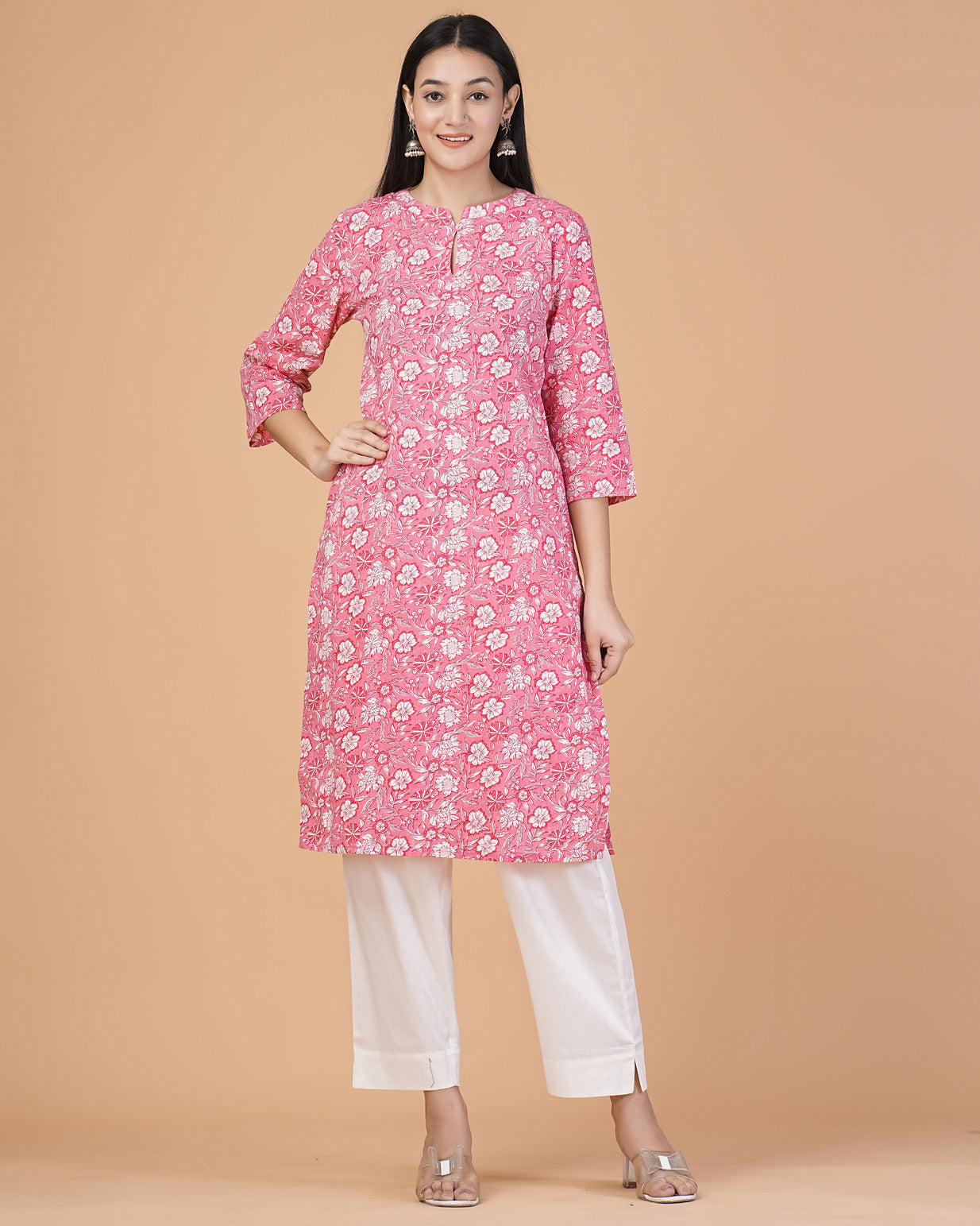 Pink Floral Printed Cotton Kurti