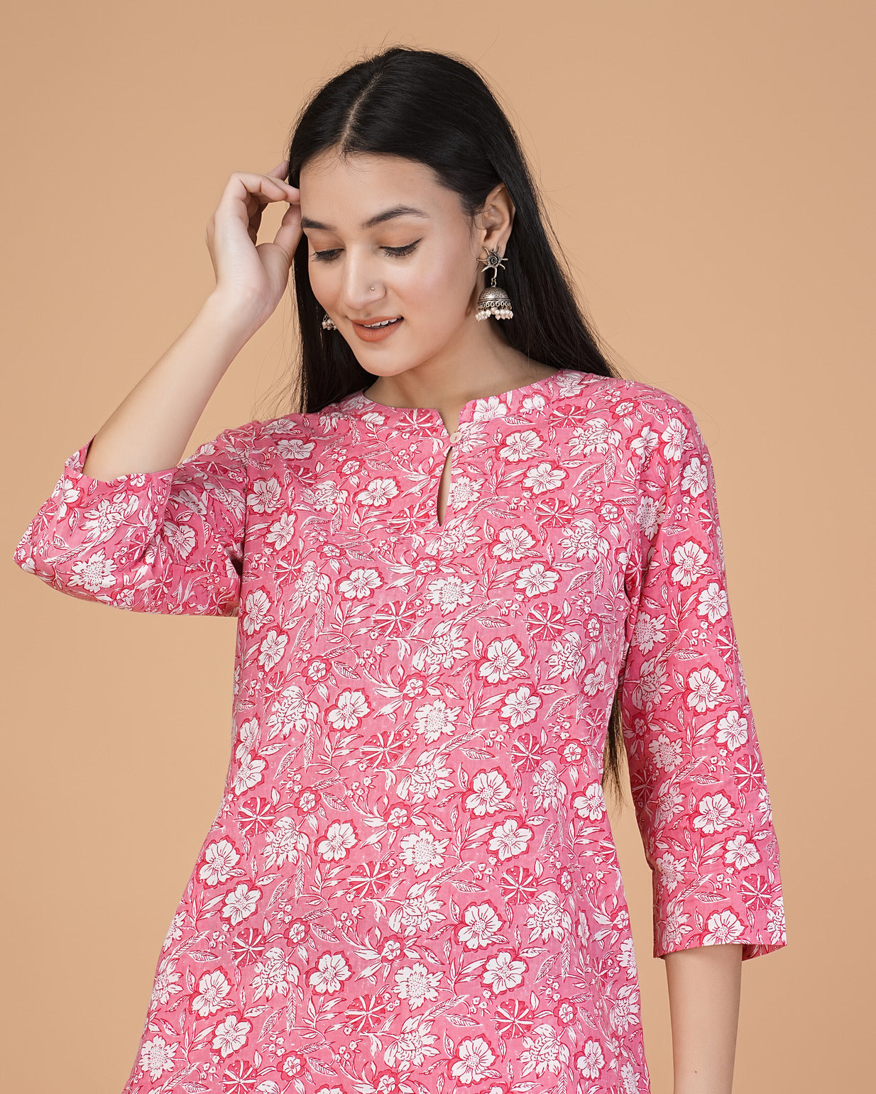 Pink Floral Printed Cotton Kurti