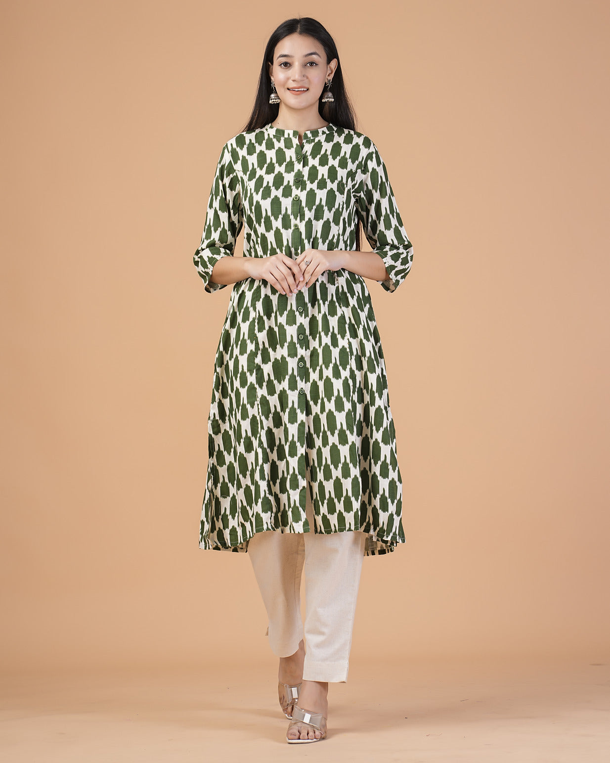 Dark Green Ikkat Printed Cotton Kurti