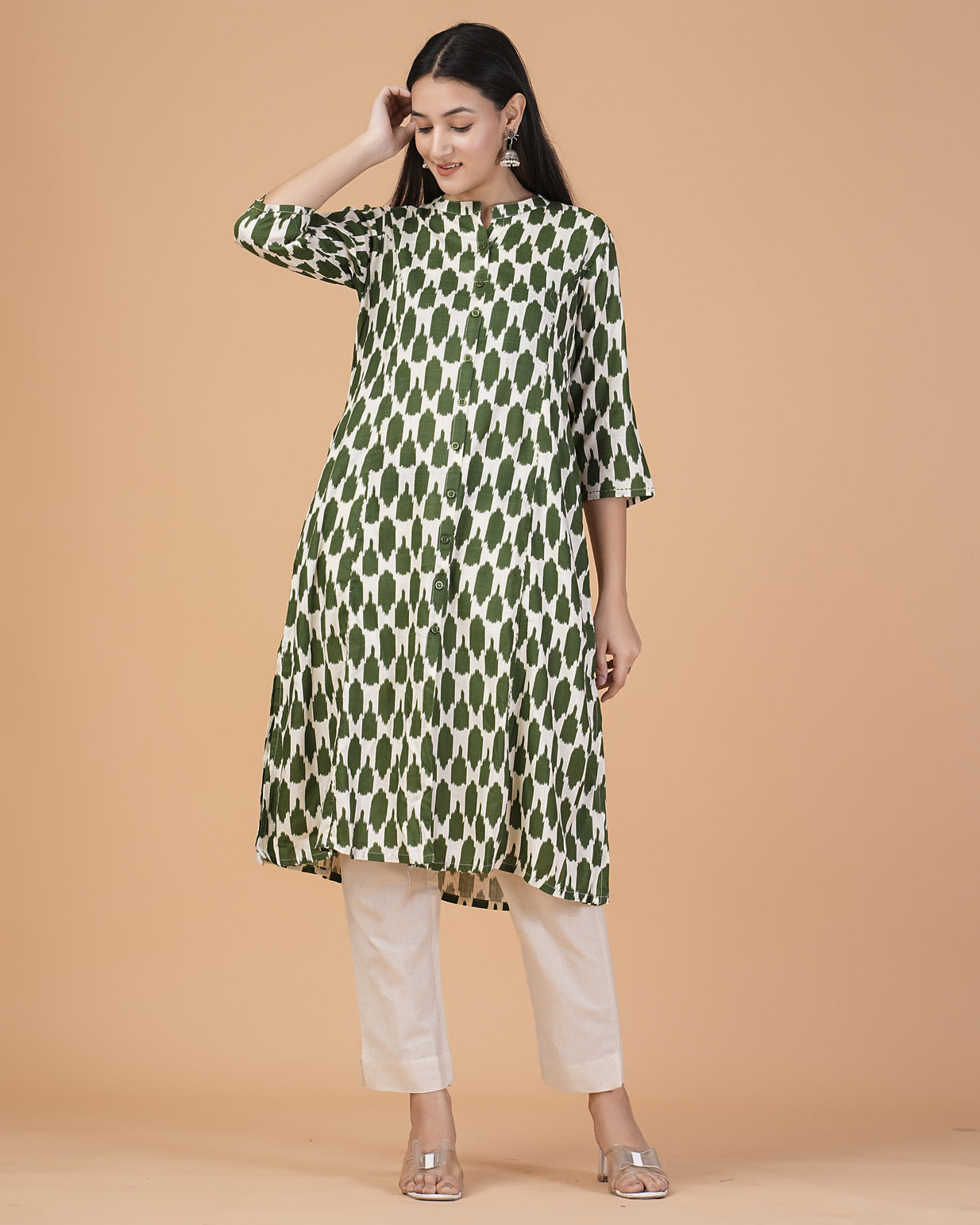 Dark Green Ikkat Printed Cotton Kurti